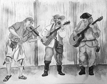 Black and white drawing of three musicians playing string instruments in historical attire.