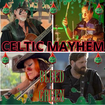 Celtic Mayhem band members playing instruments with festive green decorations.