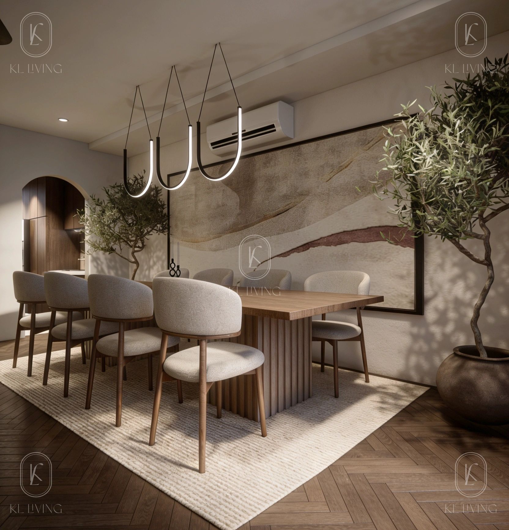 Elegant dining room with modern lighting and natural decor.