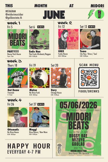 Midori Beats music events featuring various DJs throughout June with happy hour daily.