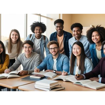 A diverse group of students studying together with books and notebooks.