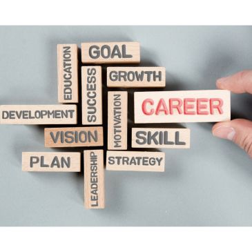 Wooden blocks with career-related words arranged on a gray surface.