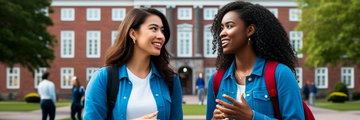 Two female students smiling and chatting on a university campus.