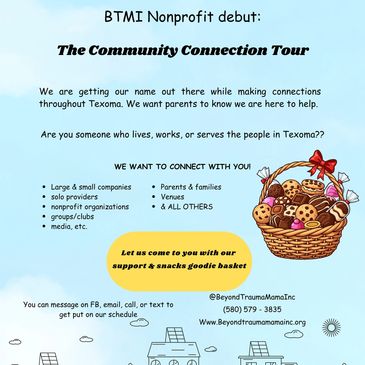 Flyer announcing BTMI Nonprofit's Community Connection Tour with a snacks goodie basket offer.