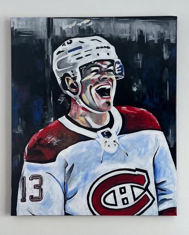 Peinture acrylique sur toile originale représentant Cole Caufield, joueur du Canadien de Montréal