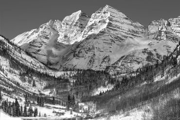 black and white photography,  Gerald Hill photography, Maroon Bells, Aspen CO, Coors, winter snow  