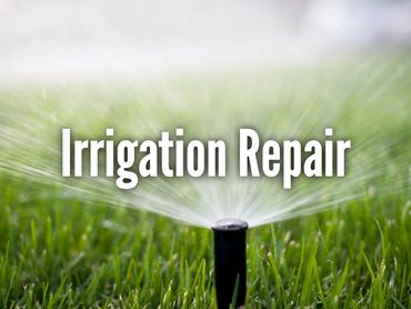 Sprinkler watering green grass with text 'Irrigation Repair'.