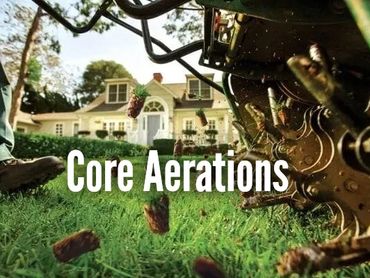 Close-up of a lawn aerator releasing soil plugs on a green lawn.