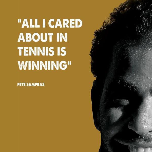 Pete Sampras smiling with a quote about winning in tennis.