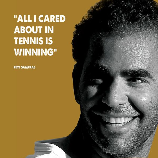 Pete Sampras smiling with a quote about winning in tennis.