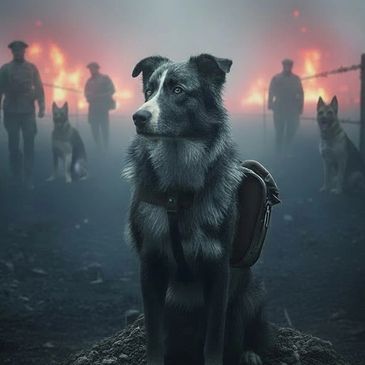 A focused dog with a backpack amid a smoky, fiery battlefield with soldiers and dogs in the background.