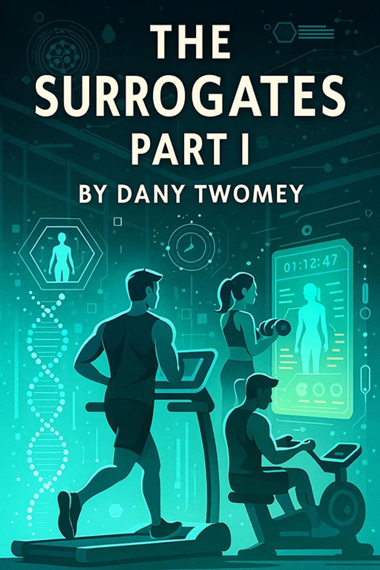 Futuristic fitness scene with three people exercising using advanced technology.