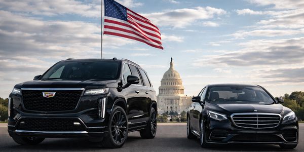 Two black luxury cars parked near the US Capitol with an American flag overhead.