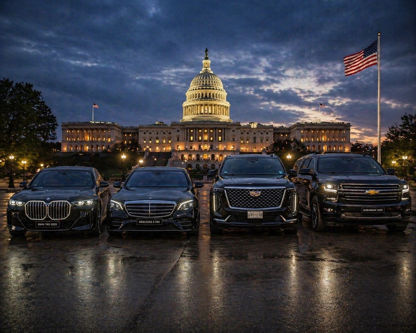Luxury black cars lined up in front of the illuminated U.S. Capitol at dusk.