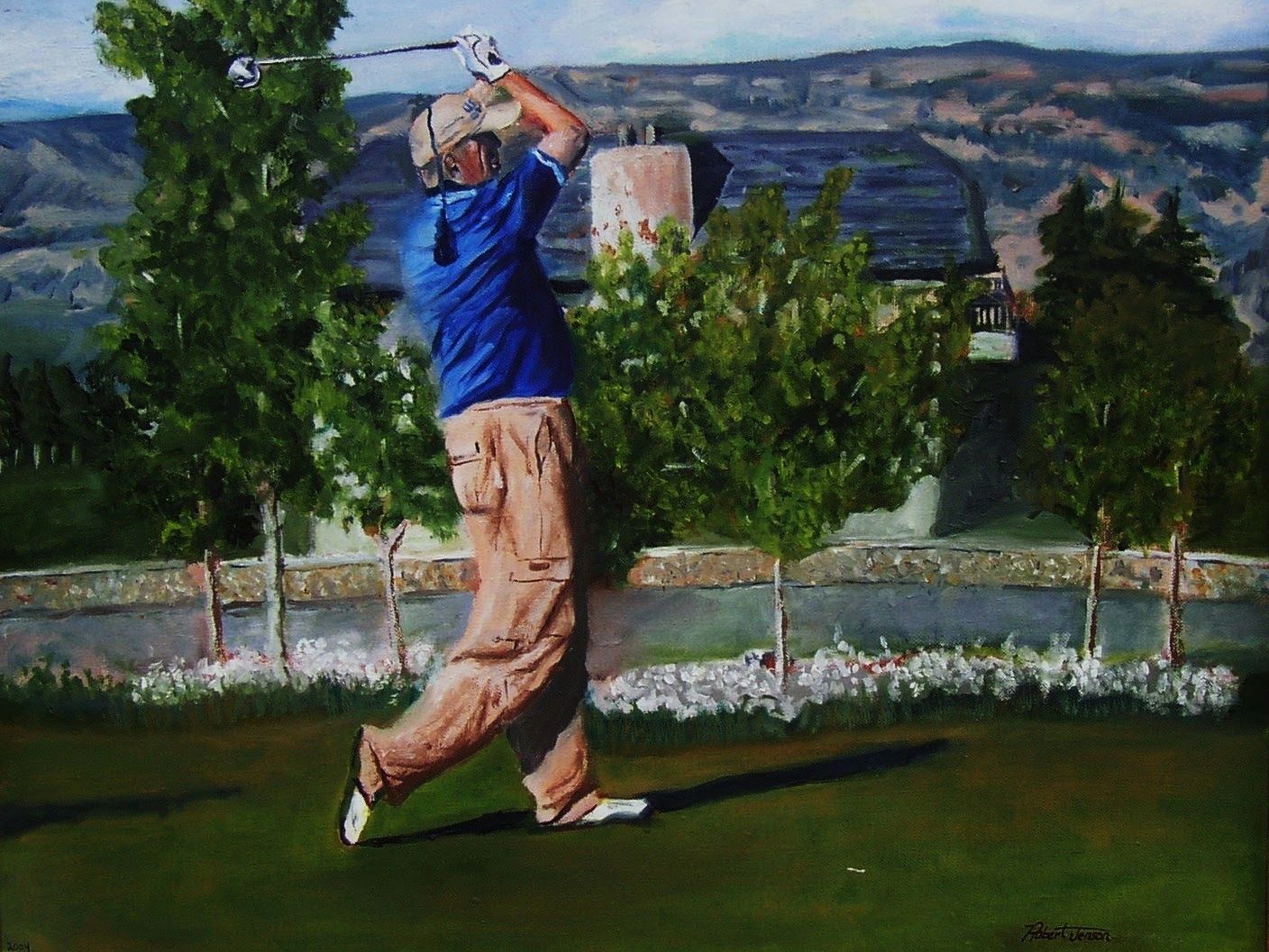 Painting of a golfer swinging on a scenic course.