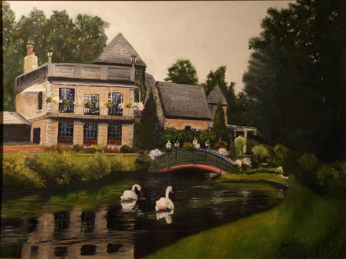 Painting of a serene house by the water with swans.