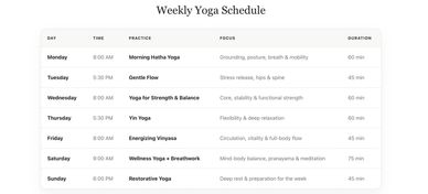 Weekly yoga schedule with daily sessions from Monday to Sunday.