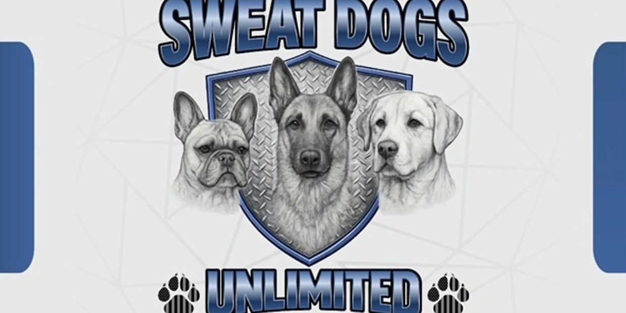 Logo with three dog breeds and text Sweat Dogs Unlimited.