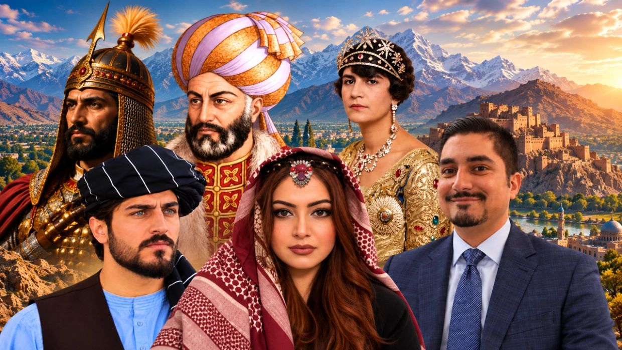 Historical and contemporary figures from South Asia posed against a mountainous backdrop.