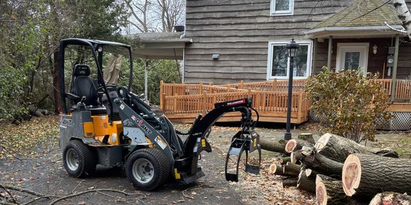 Yellow and black mini skid steer loader next to chopped logs outside a house.