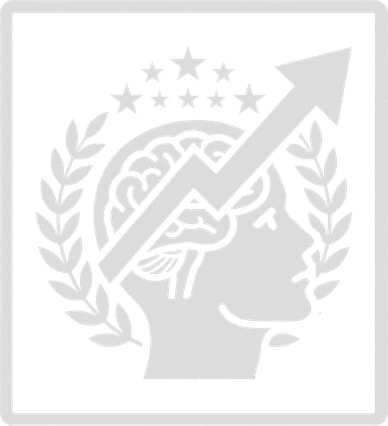 Abstract profile of a head with stars, laurel wreath, and upward arrow.