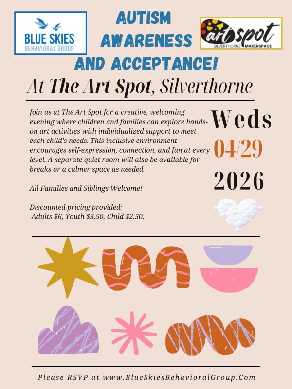 Flyer for Autism Awareness and Acceptance event at The Art Spot, Silverthorne on April 29, 2026.