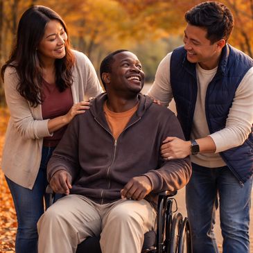 Three friends enjoying a fall day, one in a wheelchair.