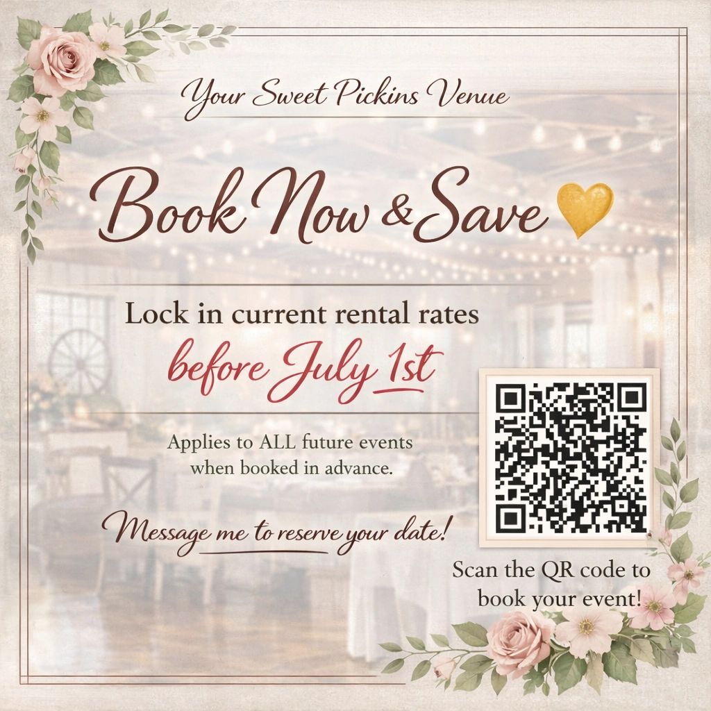 Elegant floral event booking ad with QR code to lock in rental rates before July 1st.