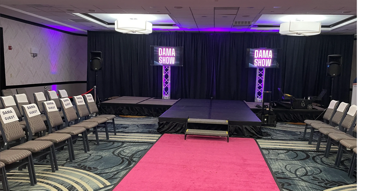 two TVs 55'' mounted on trusses 6' high in fashion show inside ballroom 