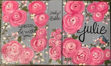 Pink floral painted Holy Bible cover with the name Julie.