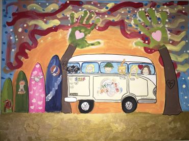 Colorful painting of a VW van surrounded by surfboards and trees with handprints.
