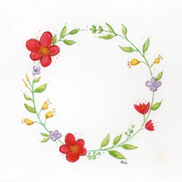 Watercolor floral wreath with red and purple flowers.