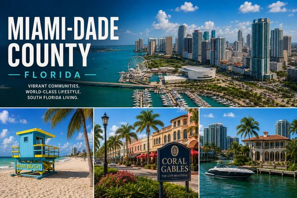 Images showcasing Miami-Dade County's vibrant cityscape, beach, Coral Gables, and waterfront lifestyle.