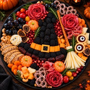 Festive Halloween-themed charcuterie board with witch hat design.