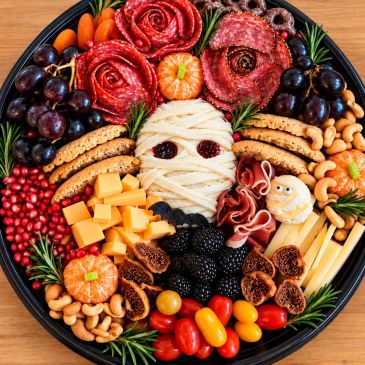 Halloween-themed charcuterie platter with mummies and roses.