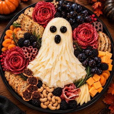 Cheese platter with a ghost-shaped centerpiece and various fruits, nuts, and crackers.