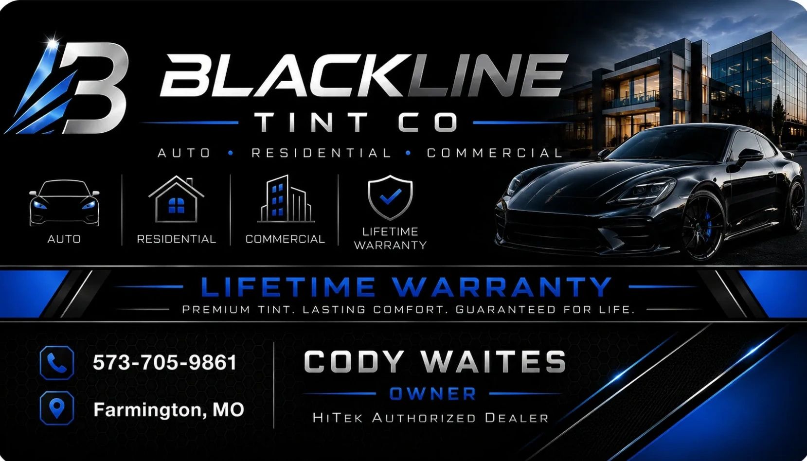 BlackLine Tint Co offers auto, residential, and commercial tinting with lifetime warranty in Farmington, MO.