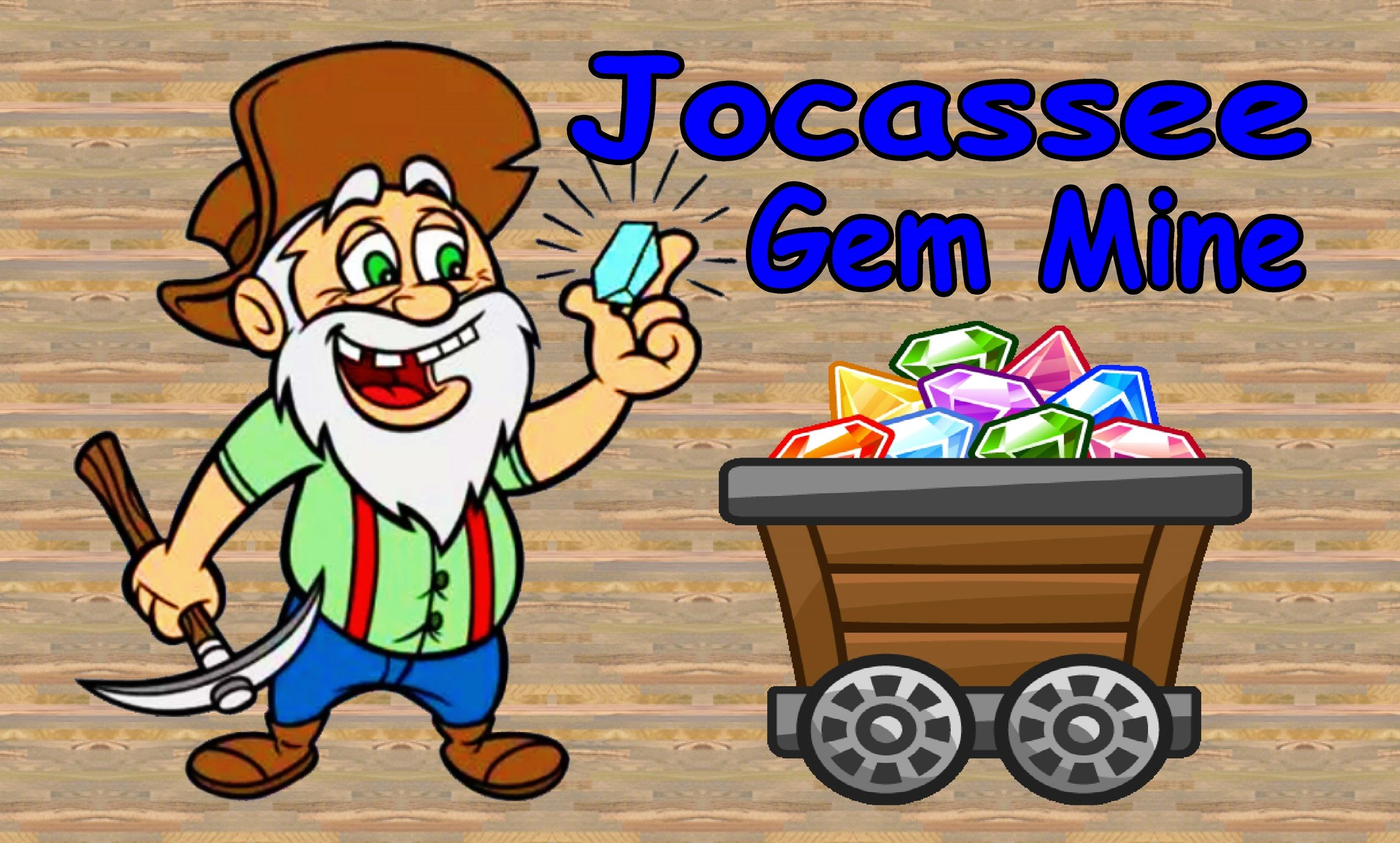 Cartoon miner holding a gem with a cart of gems.