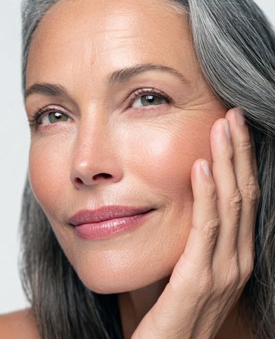 Close-up of a mature woman with grey hair and smooth skin.