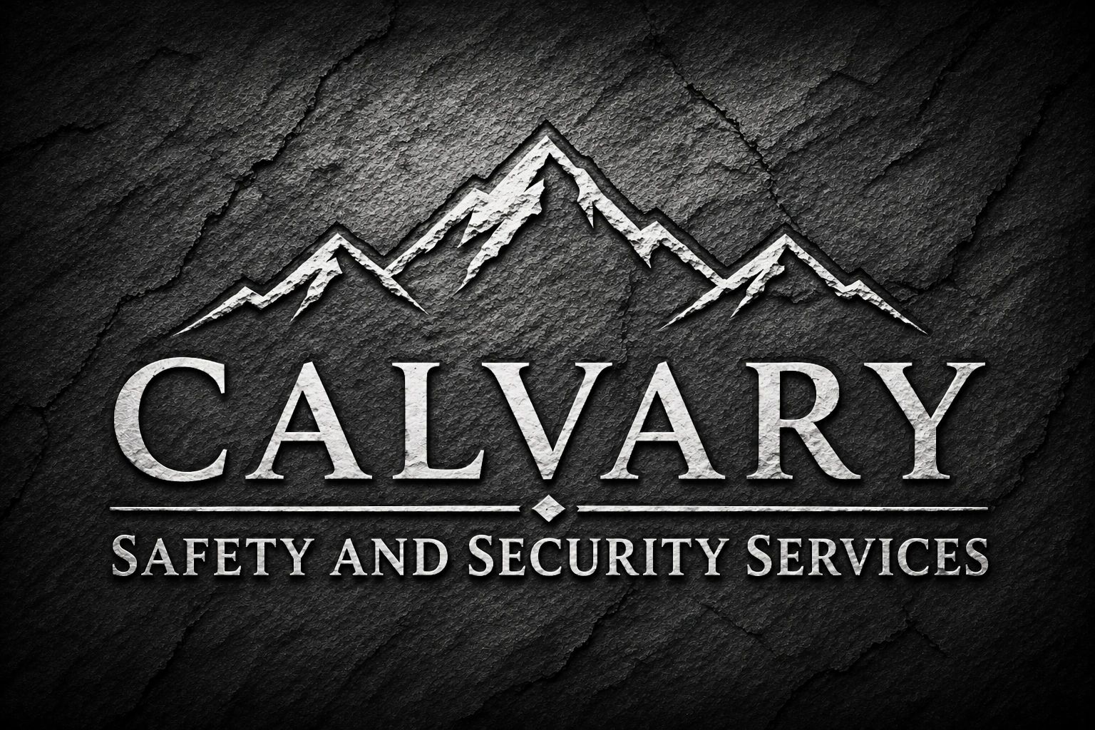 Calvary Safety and Security Services logo with a mountain design on textured black background.