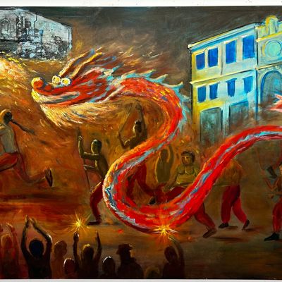 The Frist Dragon Dance 2024, Mixed Media on Canvas, by June Xu