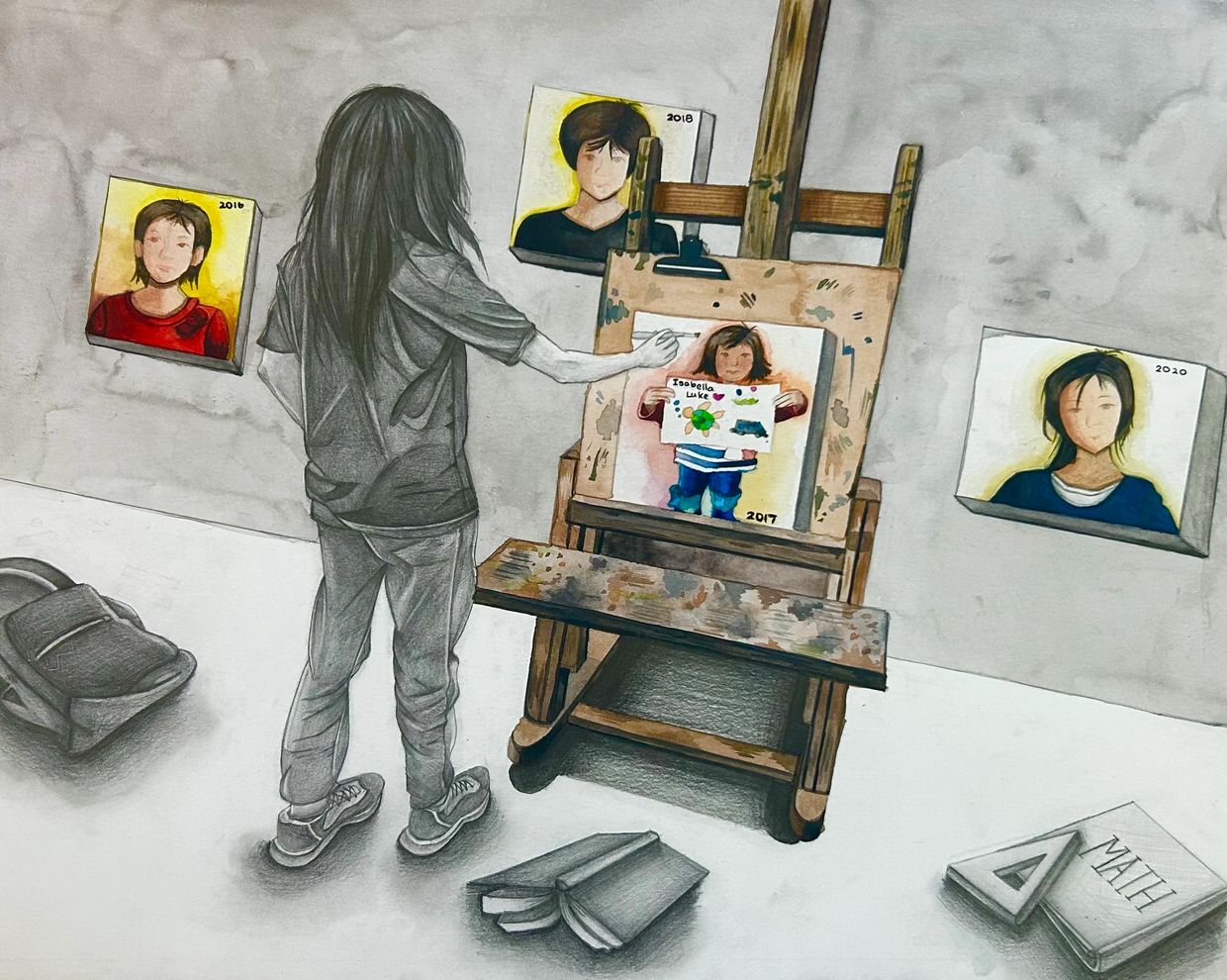 A person painting a series of portraits showing growth over years.