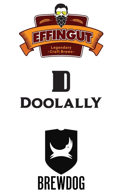 Three craft beer logos: Effingut, Doolally, and BrewDog.