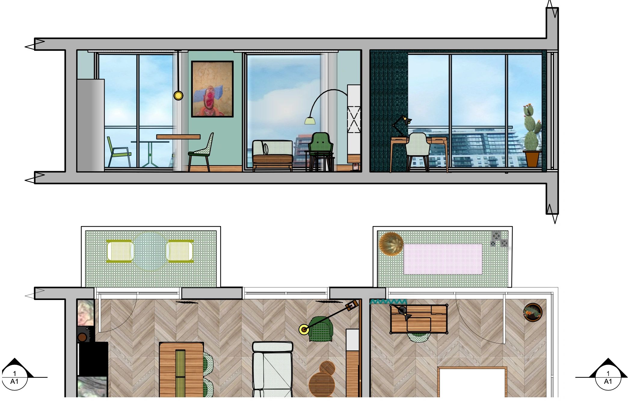Partial floorpan and elevations with rendering for your interior design by Alfonso Carvajal
