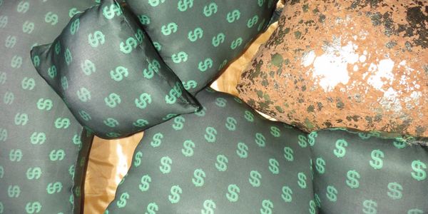 Green dollar sign patterned cushions next to a brown textured cushion.