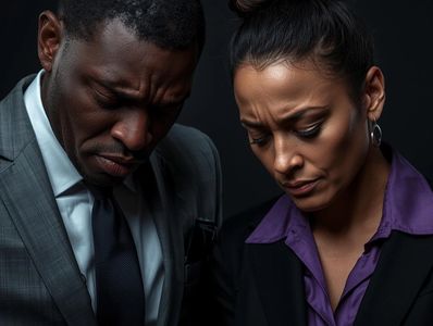 Two business professionals appear deeply concerned and thoughtful.