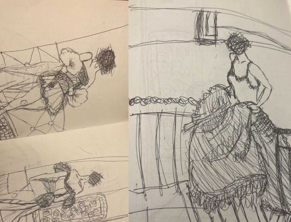 Sketches of women in vintage dresses, featuring intricate details and elegant poses.
