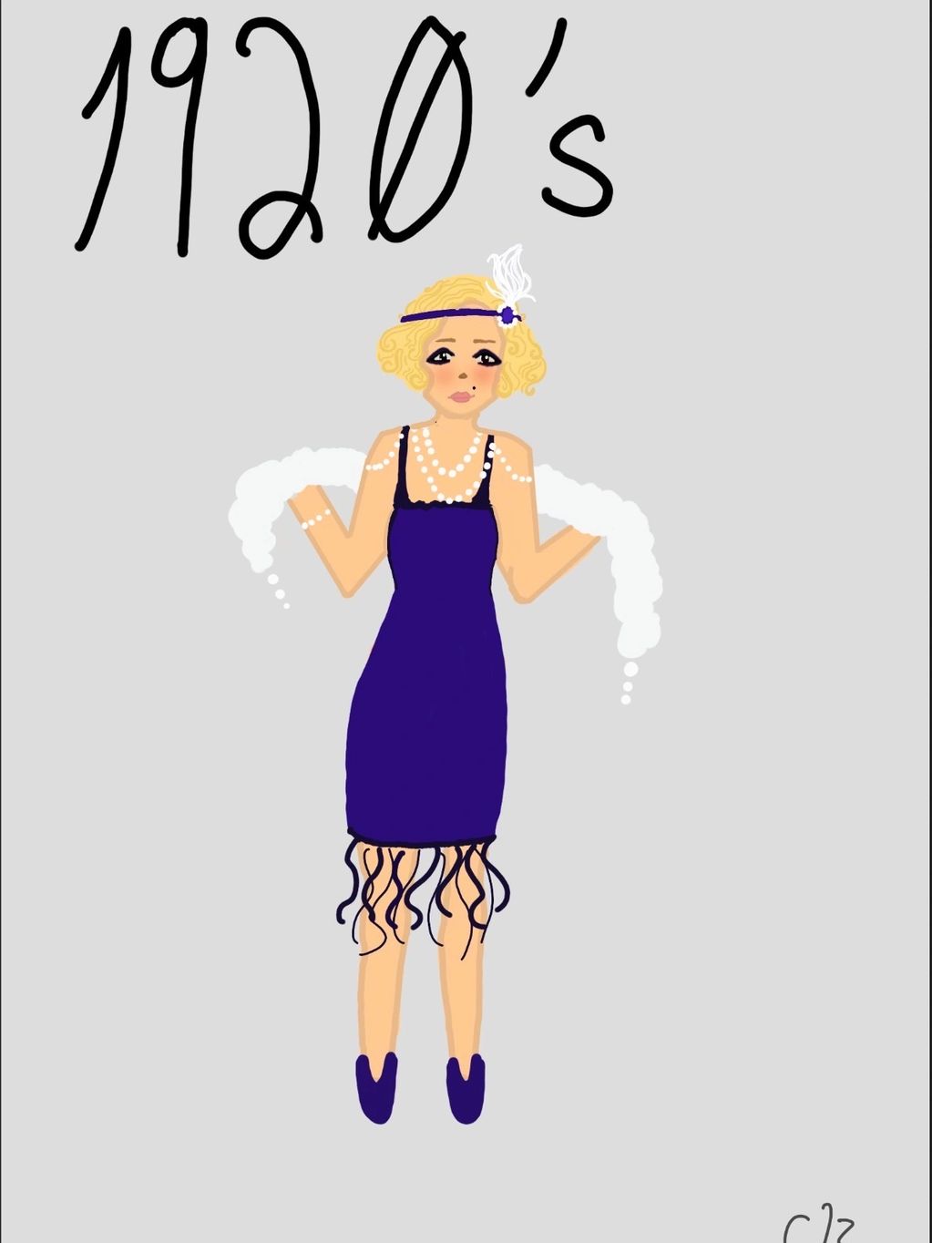 Illustration of a 1920s flapper girl in a purple dress with pearls and a feather headband.