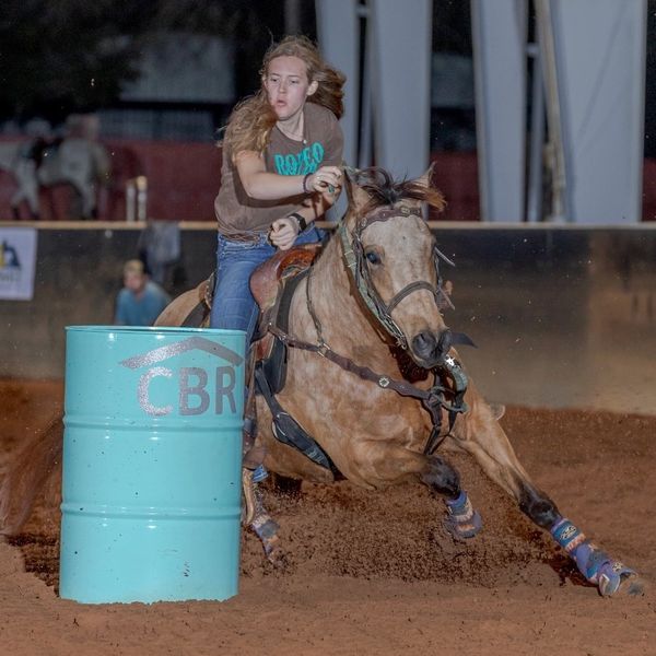 Horse and rider barrel racing.