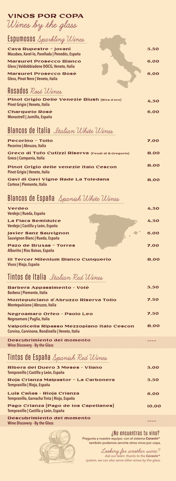 Menú de vinos por copa con opciones de España e Italia.